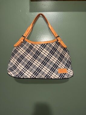 Burberry Blue Label Navy and Cream Plaid Tote with Tan Leather Handles
